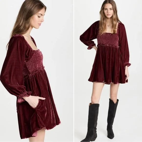 Free People Dainty Renaissance Daphne Velvet Mini Dress Burgundy Brown Medium - Picture 4 of 17